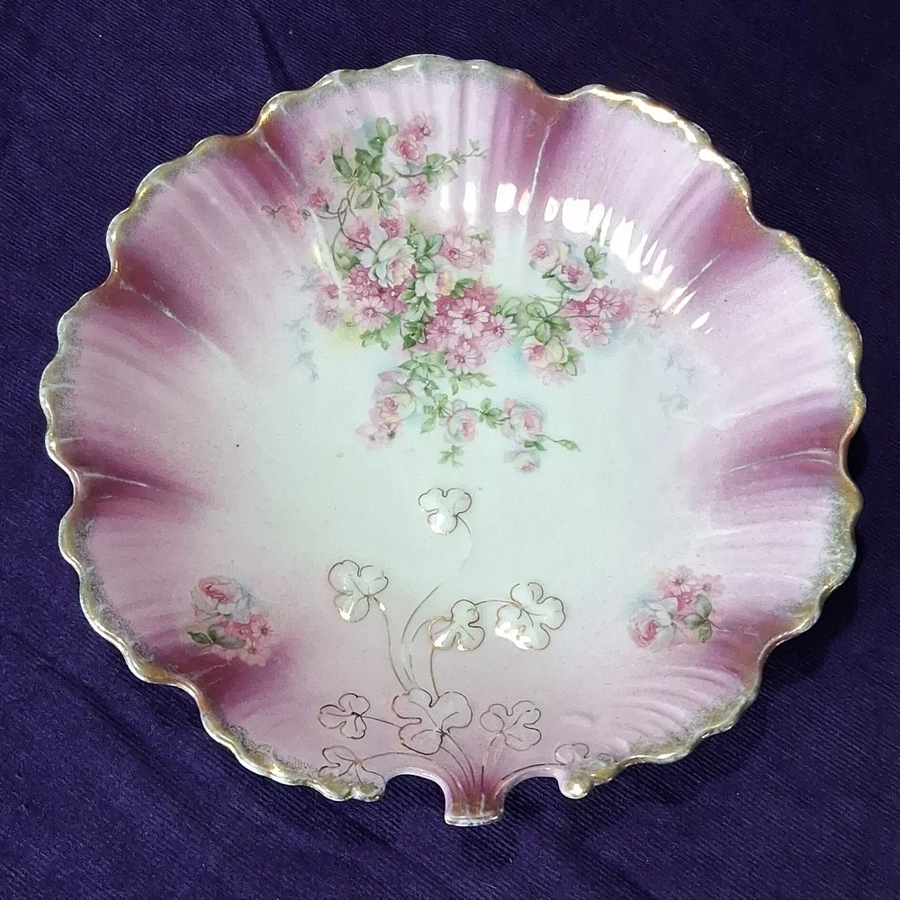 Antique MZ Austria Plate Porcelain Pink Roses Gilt Clovers Dish - Picture 10 of 12